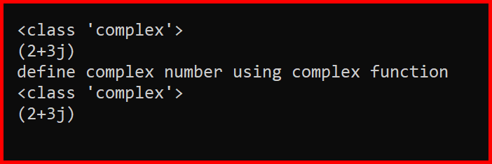 Picture showing the output of the complex function in python